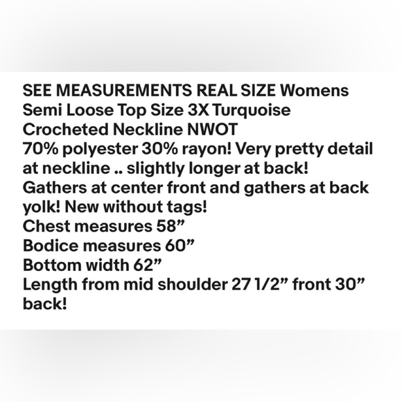 REAL SIZE Womens Semi Loose Top Size 3X Turquoise Crocheted Neckline NWOT - Picture 8 of 8